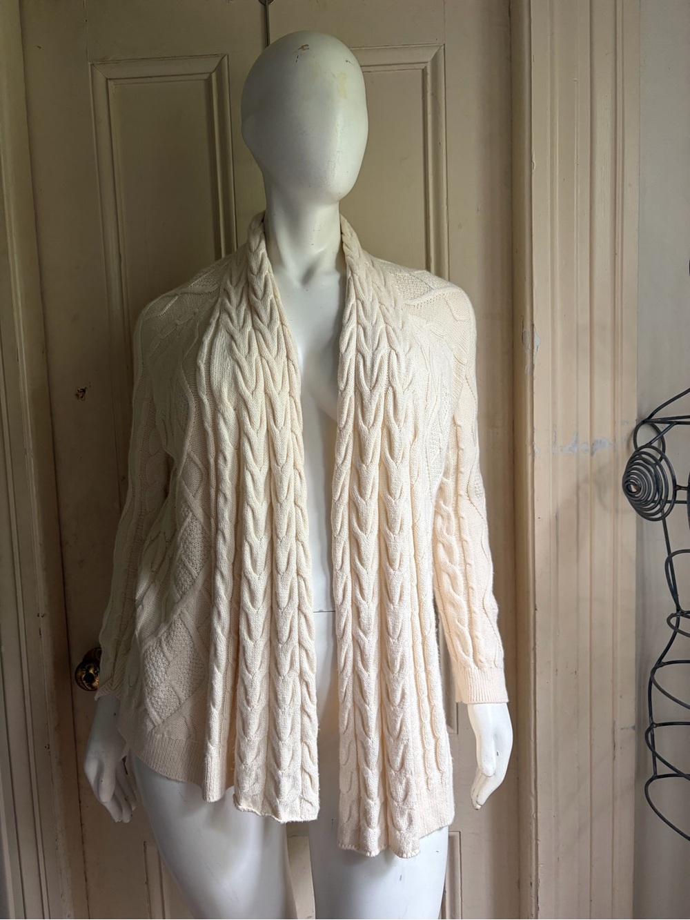 J. Jill Cream Cable Knit Shawl Collar Open Cardigan